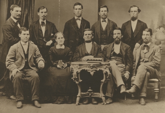 Black and white photograph of the Merritt family some twenty years before they began mining operations on the Mesabi, 1871.