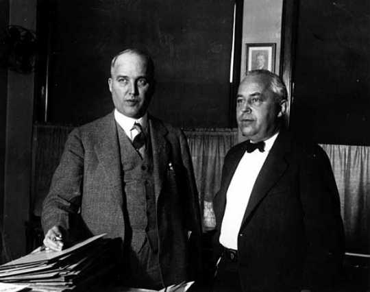 Black and white photograph of Foshay and Henry H. Henley facing charges of mail fraud, 1931.