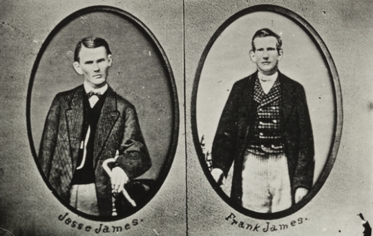 Black and white photographs of Jesse (left) and Frank James (right), c.1863.