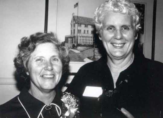 Black and white photograph of Rosalie Wahl (left) and Mary Peek (right),1977.
