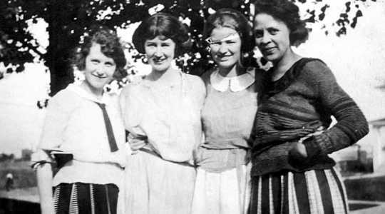 Black and white photograph of Ethel Ray (later Ethel Ray Nance; far right) with Myrtle Hultberg, Mabel Jackson, and an unknown individual, ca. 1922.