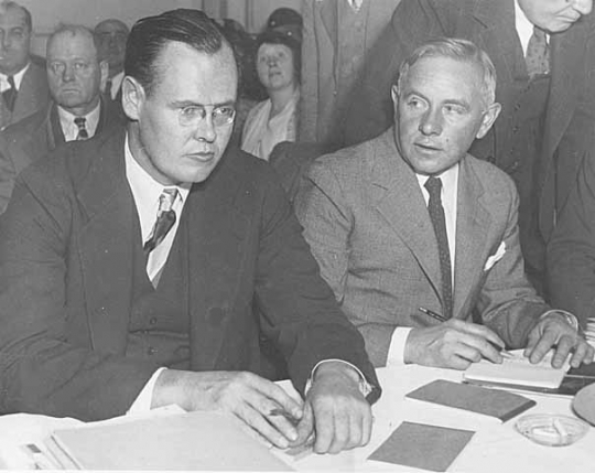 1933 image of Ernest Oberholtzer and Sewell Tyng representing the Quetico–Superior Council and defending the newly passed regulations of the Shipstead–Nolan Act and the Rainy Lake watershed in front of an international commission.  