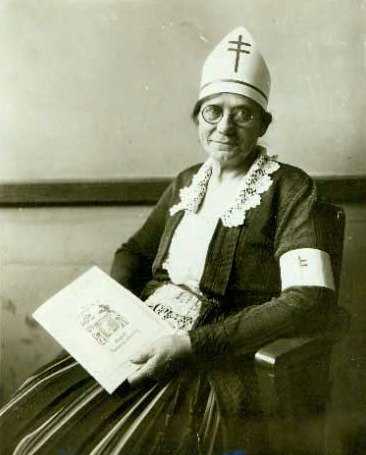 Black and white photograph of Theresa Ericksen promoting Christmas Seals in the battle against tuberculosis, ca. 1924. 