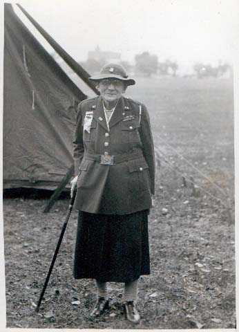 Black and white photograph of Theresa Ericksen at the Third Infantry Veterans Association reunion at Fort Snelling on October 12, 1936.