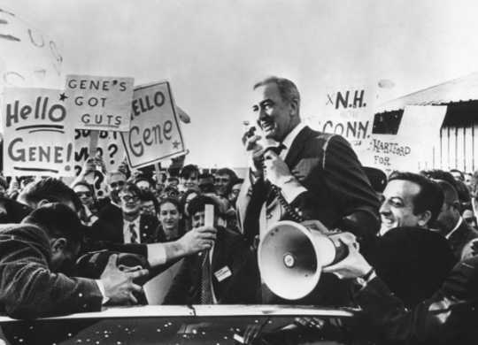 Black and white photograph of Eugene McCarthy during presidential primary campaign in New Haven, Connecticut, 1968. 