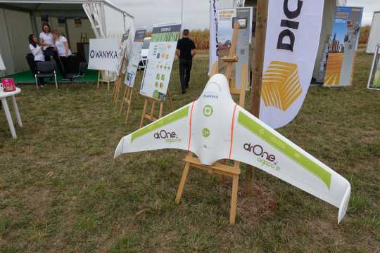 Color image of a type of drone used in precision agriculture on display at Innov-Agri, an international agricultural trade fair. Photographed by Guilhem Vellut, September 6, 2016.