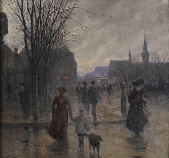 Color image of "Rainy Evening on Hennepin Avenue," c.1902, Oil on canvas painting by Robert Koehler.  