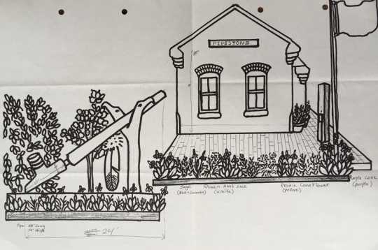 Scale drawing of the world’s largest peace pipe installed on the site of the Rock Island Depot, c. 1998.