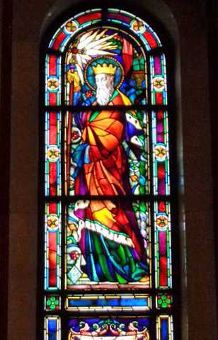 Color image of a stained glass window depicting Saint Wenceslaus inside the Cathedral of St. Paul’s shrine of nations. Photographed by Paul Nelson on July 16, 2014.