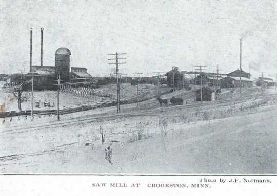 Black and white photograph of the Crookston sawmill as pictured in E. D. Childs album, ca. 1890–1915.