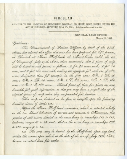 Circular explaining the location of "half-breed" Dakota scrip, March 21, 1857.