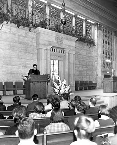 Black and white photograph of service at Temple Israel, Minneapolis. Photographed in 1964.