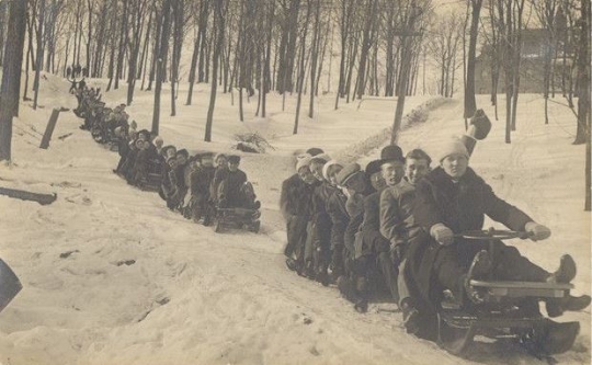 Photograph of St. Olaf College bobsledders on campus