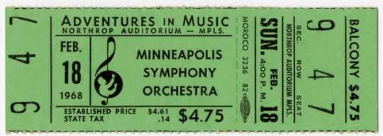 Color scan of an admission ticket for a Sunday 4pm concert at Northrup Auditorium, February 18, 1968. 