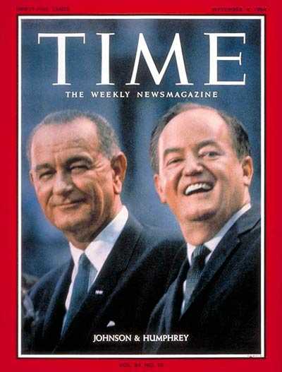 Color image of Vice Presidential nominee Hubert Humphrey with President Lyndon Johnson on the way to a landslide victory, 1964.