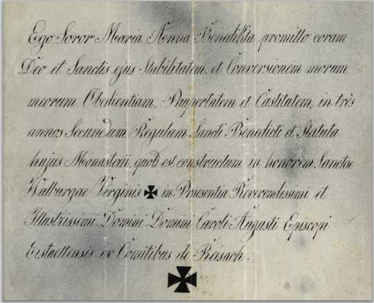 Color scan of Latin vows signed by Mother Benedicta Riepp,1846.