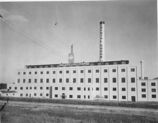 Black and white photograph of an exterior view of the American Crystal Sugar factory in Chaska. Date and photographer unknown.