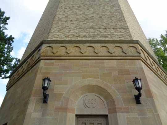 Color image of a detail view of the exterior of St. Paul’s Highland water tower designed by Clarence Wigington and built in 1928. Photographed by Paul Nelson on August 4, 2014.